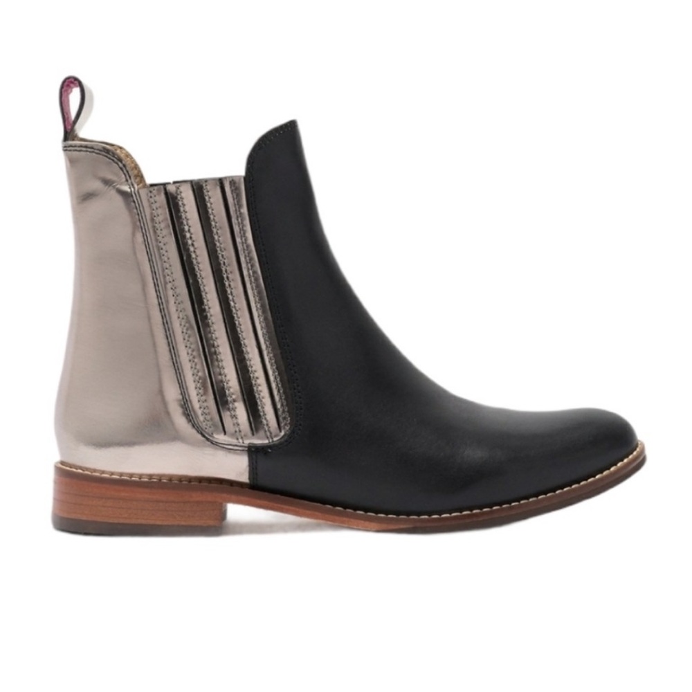 JOULES Westbourne Chelsea Boots Black Leather & Metallic Pewter Ankle Booties 6